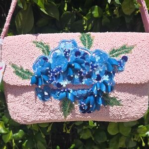 Light Pink and Blue Hydrangea Beaded Bag